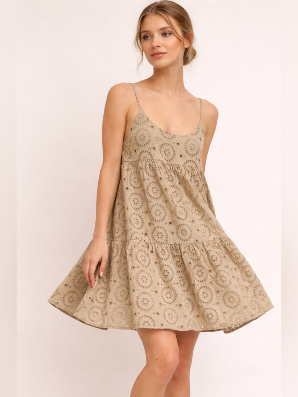 Neuflora Eyelet Babydoll Mini Dress S Beige Tiered Cottagecore Boho Cotton Lined